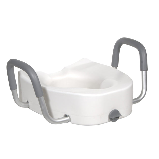 Premium Plastic Raised Toilet Seat with Lock and Padded Armrests, Elongated
