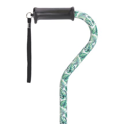 Adjustable Height Offset Handle Cane with Gel Hand Grip, Green Leaves